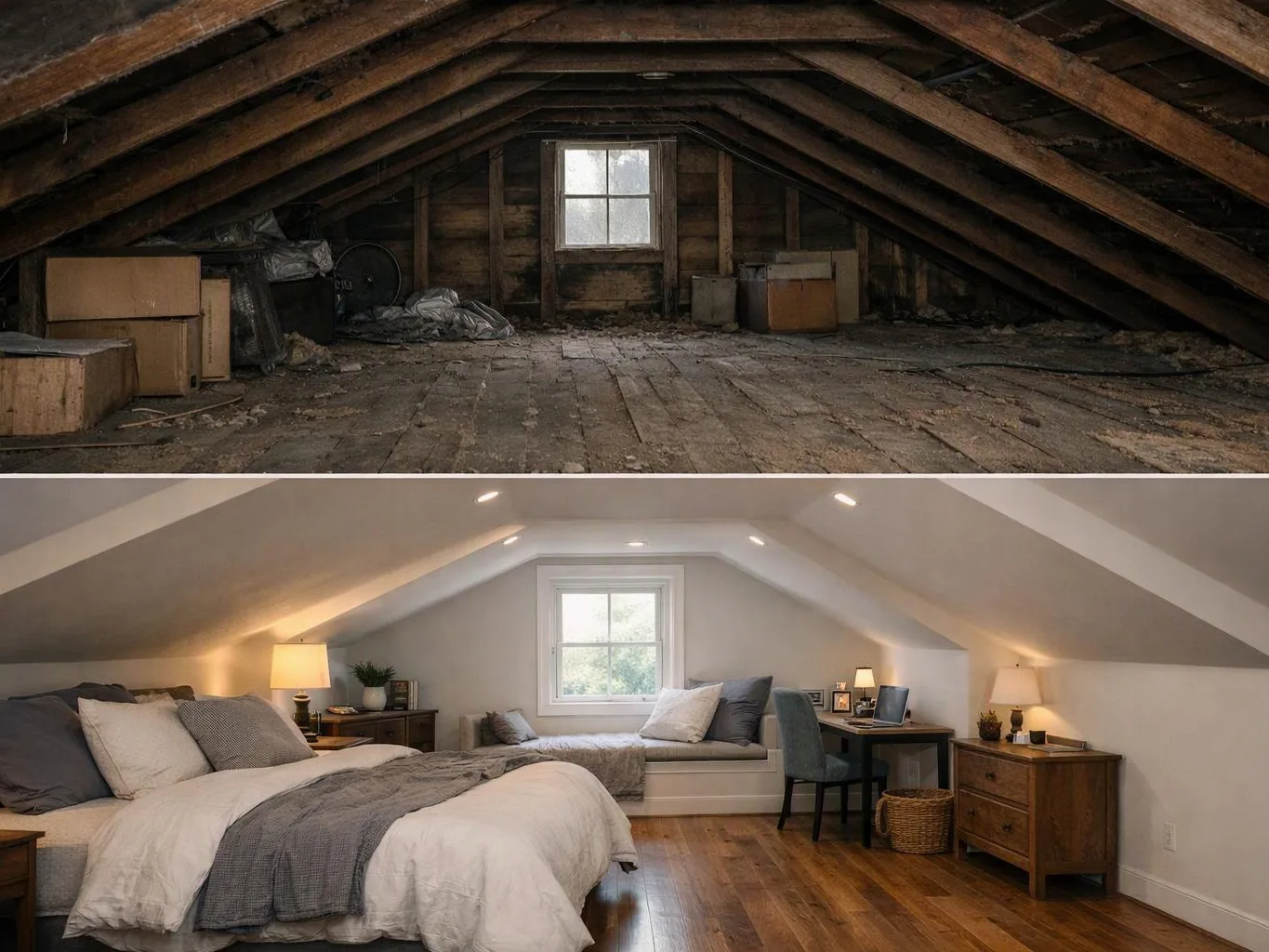 An attic changes from a dusty storage space above to a bright, furnished bedroom below