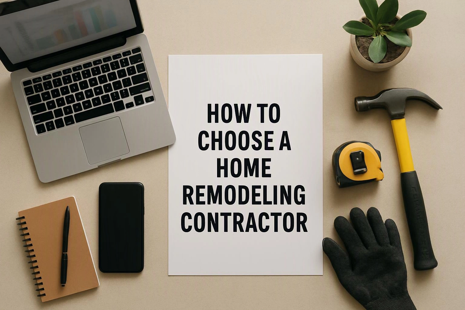 Aerial top-down flat-lay photograph of environmental still life in a real workspace where "How to Choose a Home Remodeling Contractor" is planned