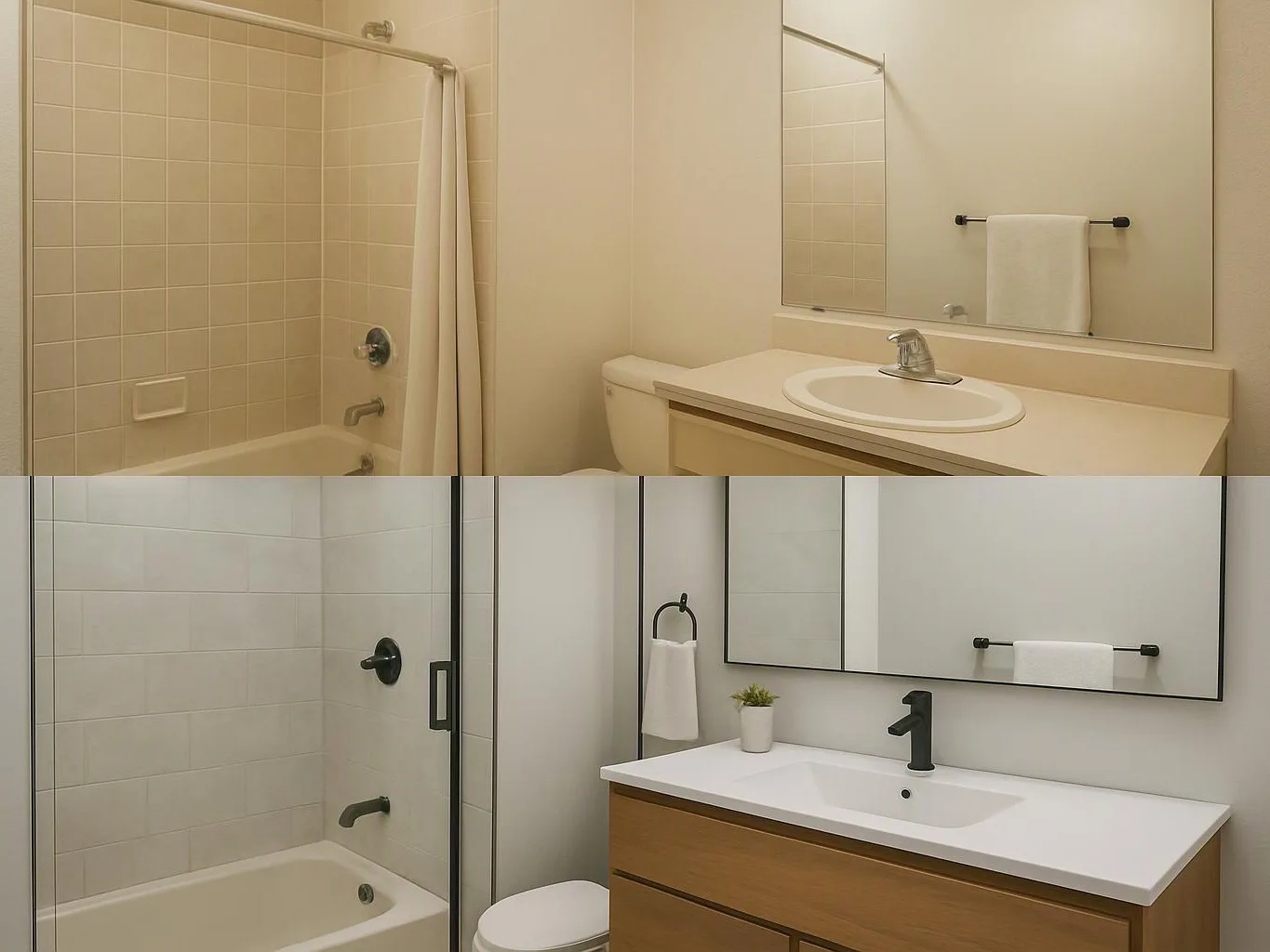 A bathroom shows a shower-tub, toilet, sink vanity, and mirror in beige and white finishes