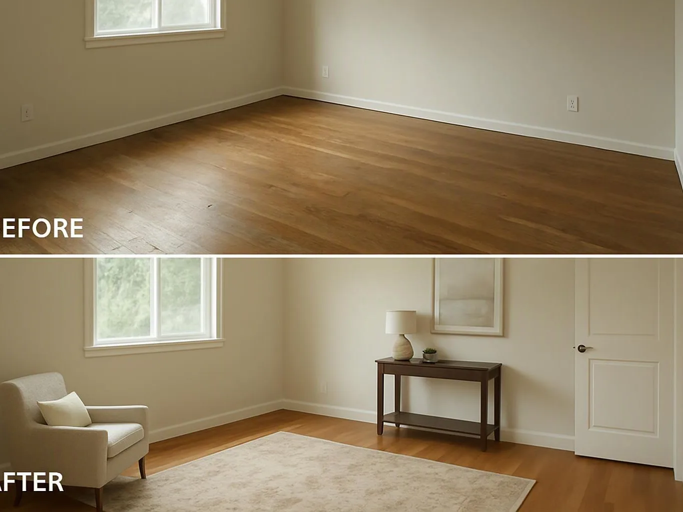 A before-and-after room shows bare hardwood floors above and a furnished living space below