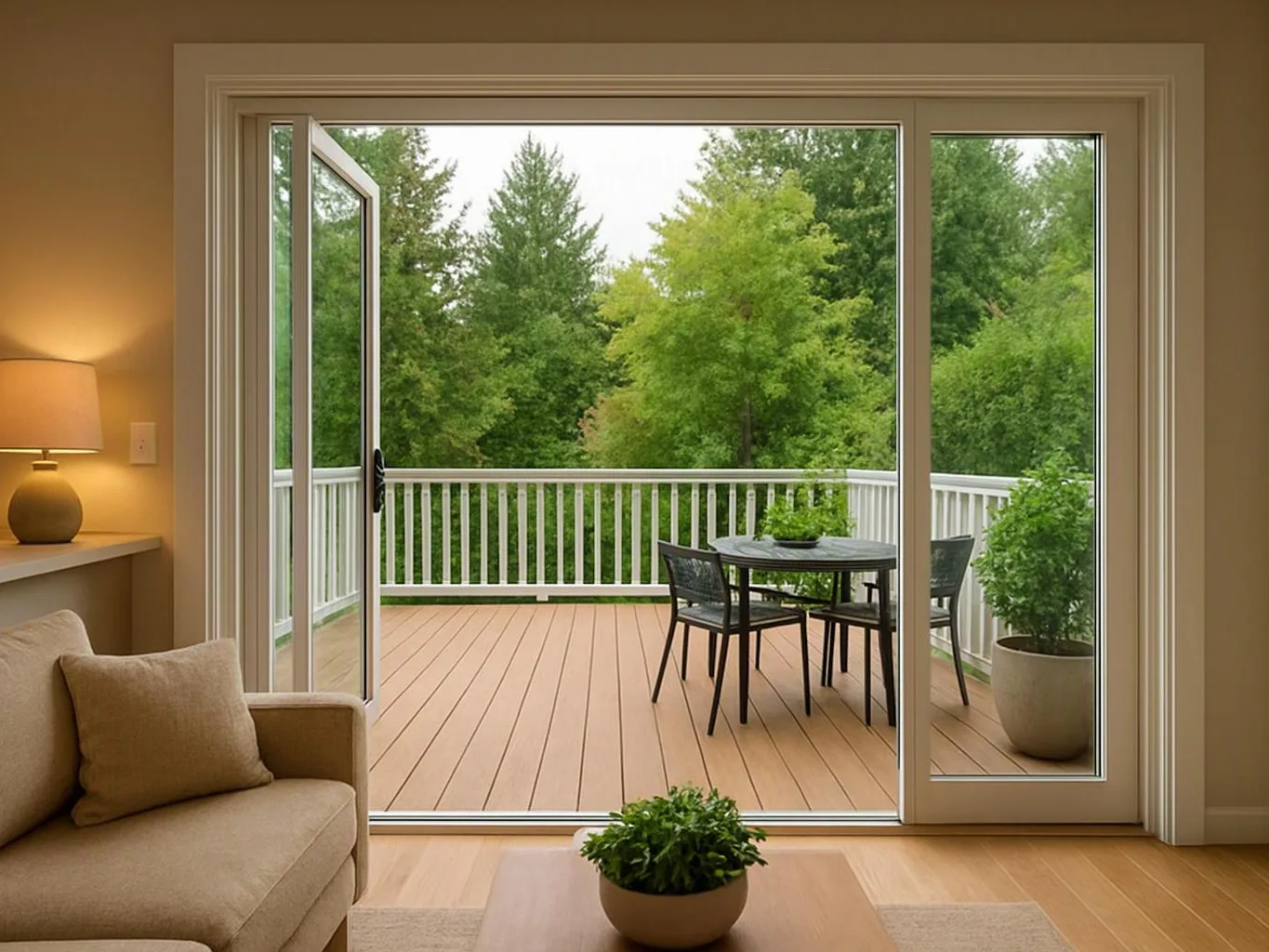 A beige living room opens to a wooden deck with a table, chairs, potted plants, and green trees beyond