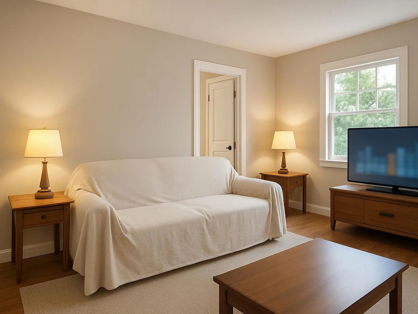 A beige living room shows a white-covered sofa, two lit lamps, a TV, and a coffee table near a window