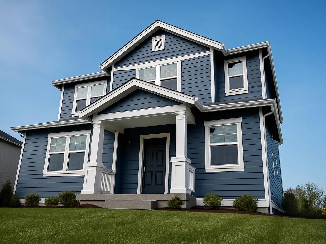 A blue two-story house with white trim sits behind a green lawn under a clear sky