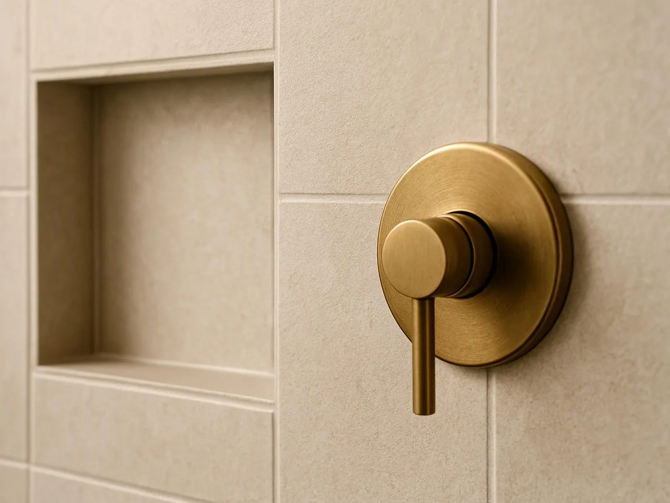 A brass shower control sits beside a recessed wall niche on beige tiled bathroom walls