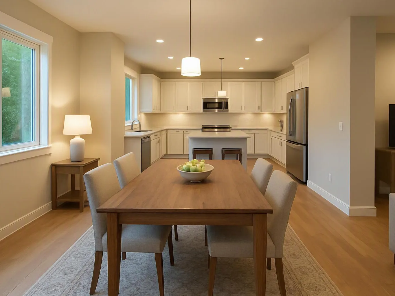 A bright dining area opens to a white kitchen, with a wooden table, chairs, and a bowl of green fruit