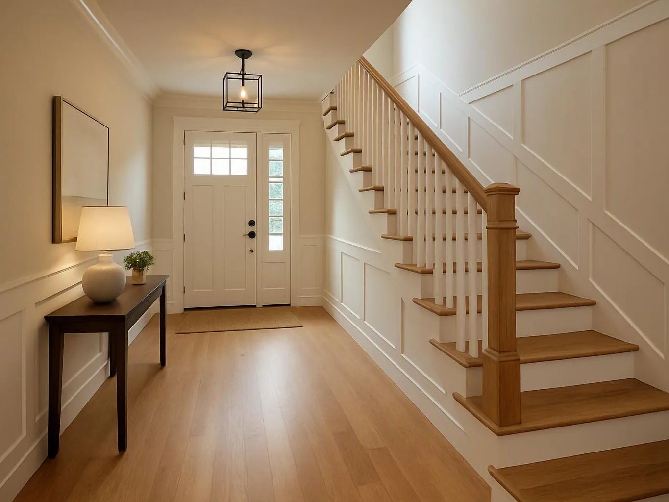 A bright entryway shows a white front door, wooden staircase, and table lamp beside a narrow console table