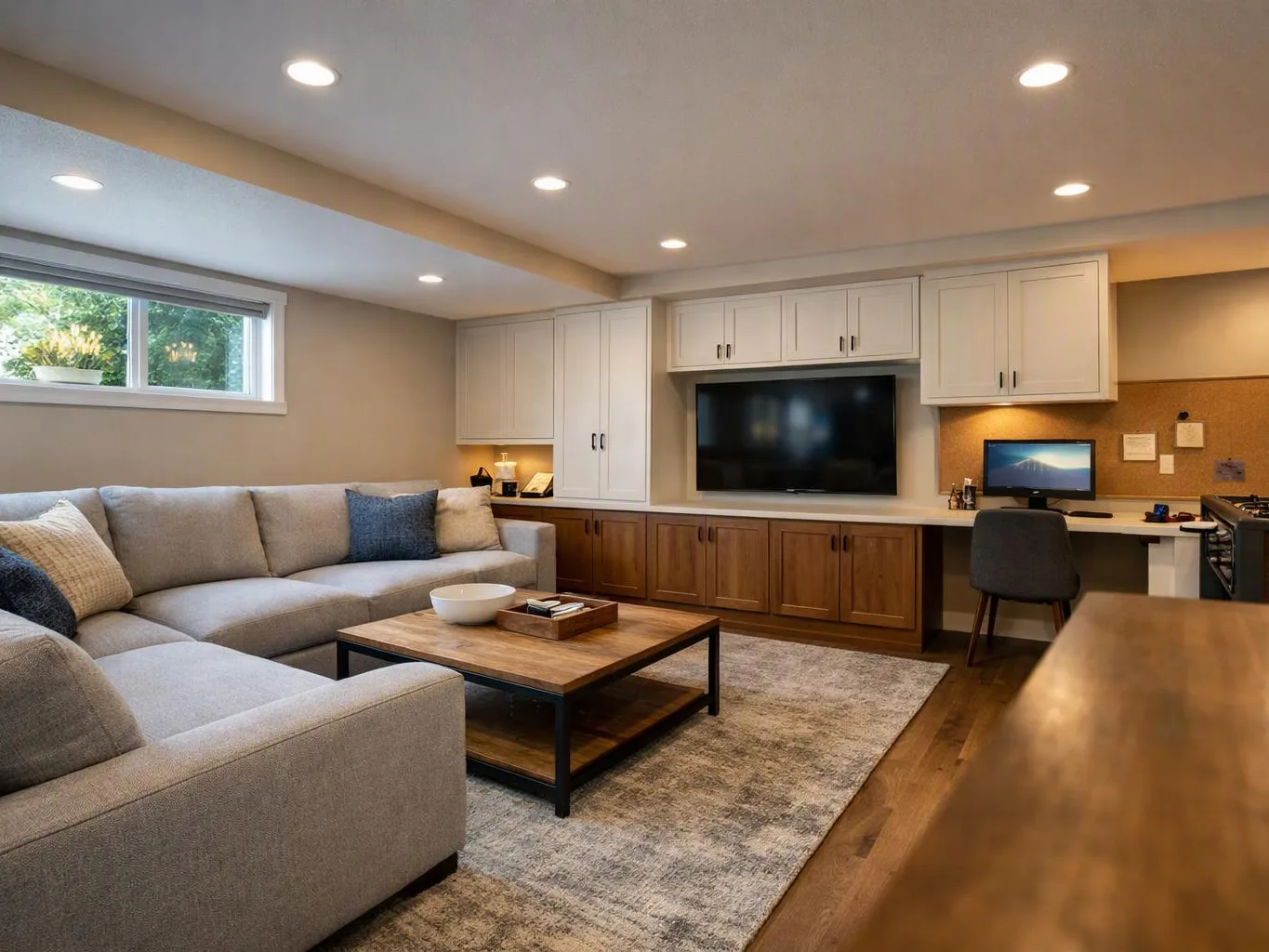 A bright living room shows a gray sectional, wood coffee table, wall-mounted TV, and a desk nook with a monitor