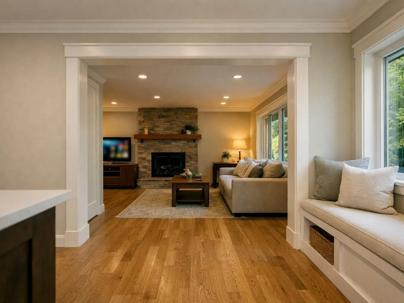 A bright living room with a stone fireplace, beige sofa, TV, and a window seat fills the scene