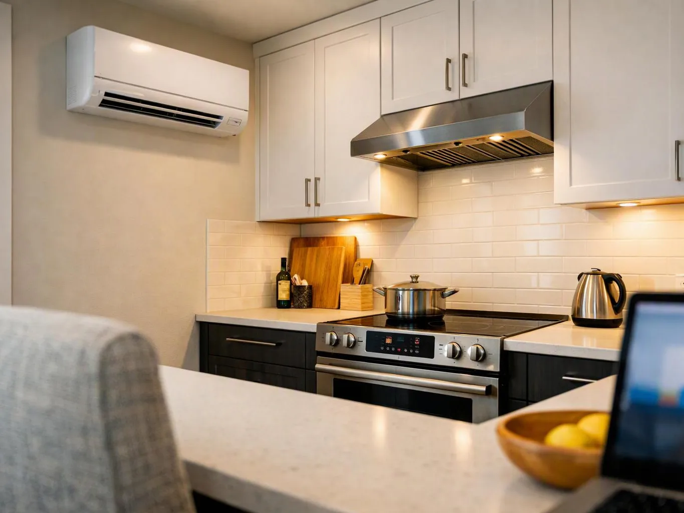 A bright modern kitchen shows white cabinets, a stainless stove, a pot, and a kettle on the counter