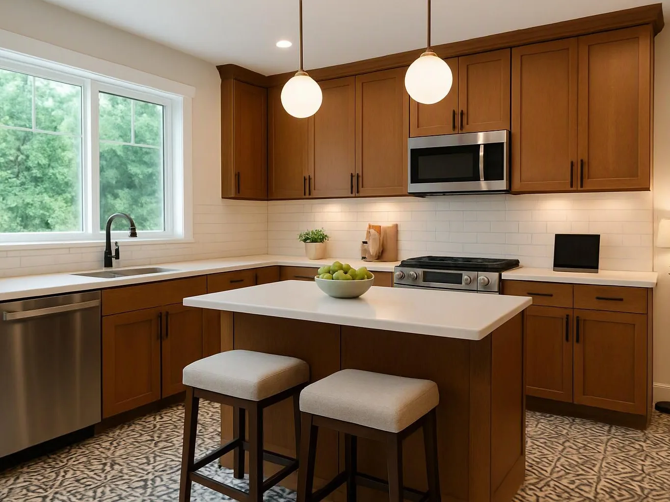 A bright modern kitchen shows wood cabinets, a white island with stools, and a bowl of green apples