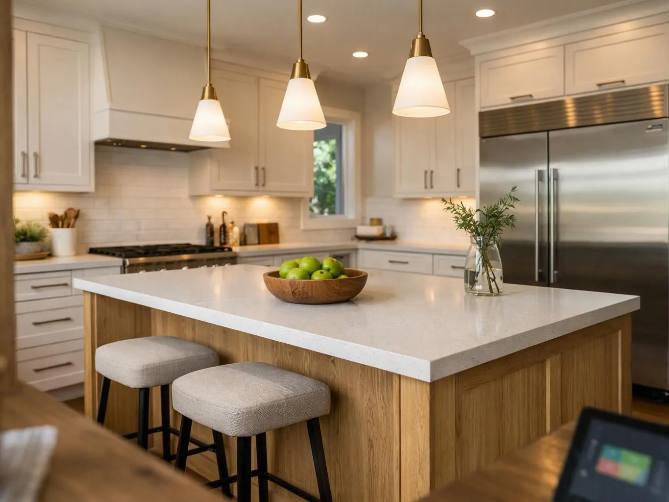 A bright modern kitchen shows a wood island with stools, pendant lights, and a stainless steel refrigerator
