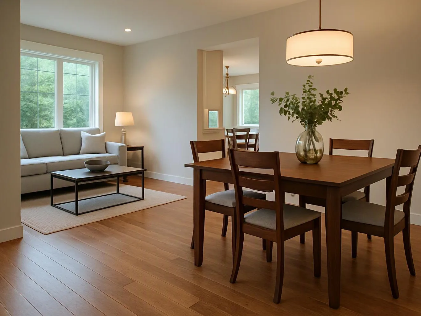 A bright open dining and living room shows a wooden table, gray sofa, and large window