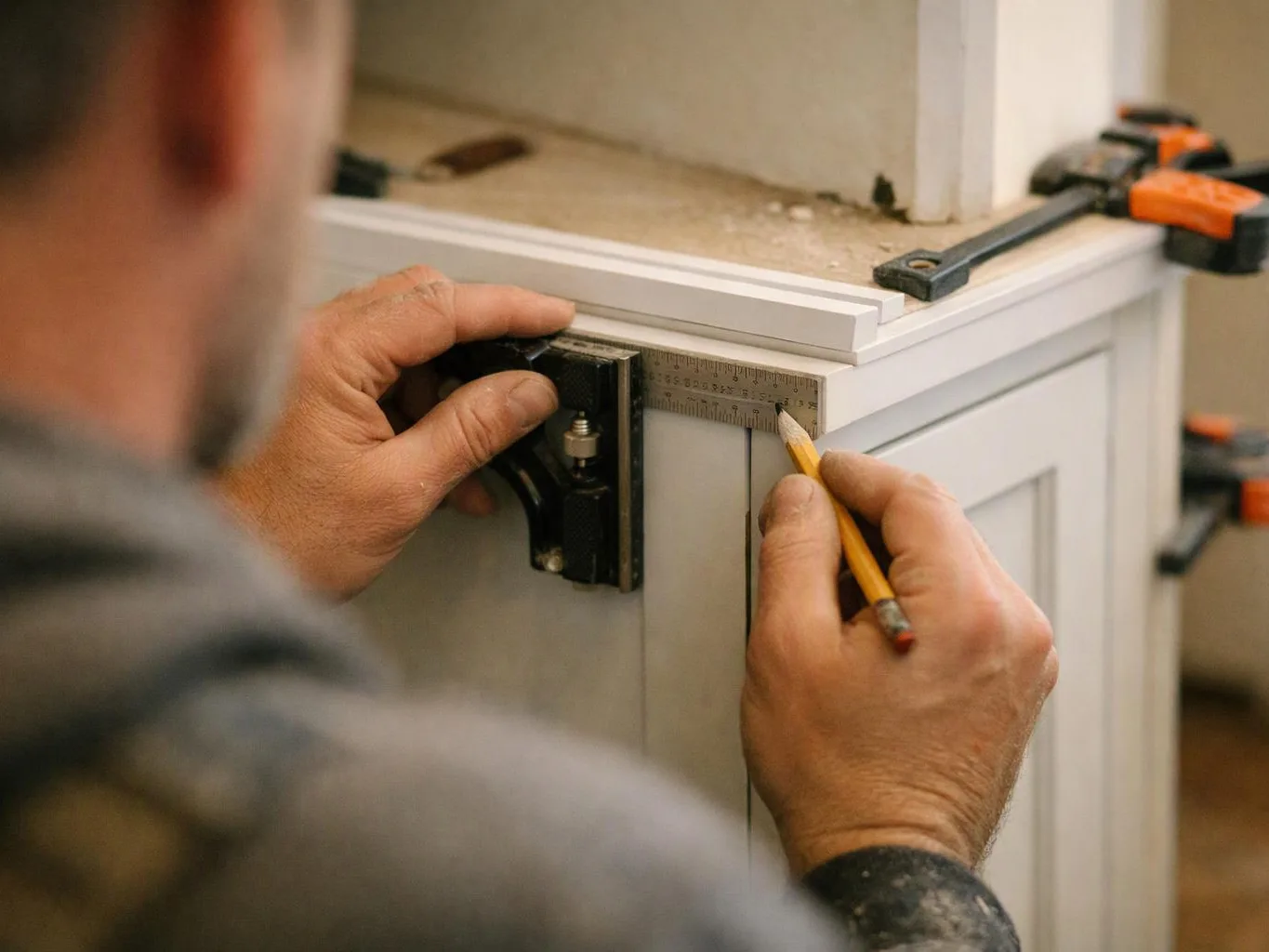 A carpenter marks a cabinet corner with a pencil while holding a metal ruler in place inside a workshop