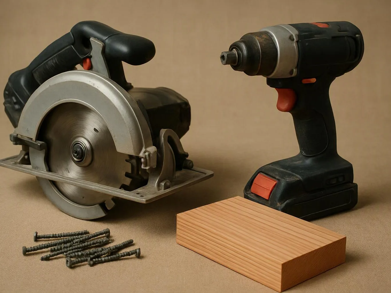 A circular saw, cordless drill, screws, and a wooden block sit on a plain beige surface
