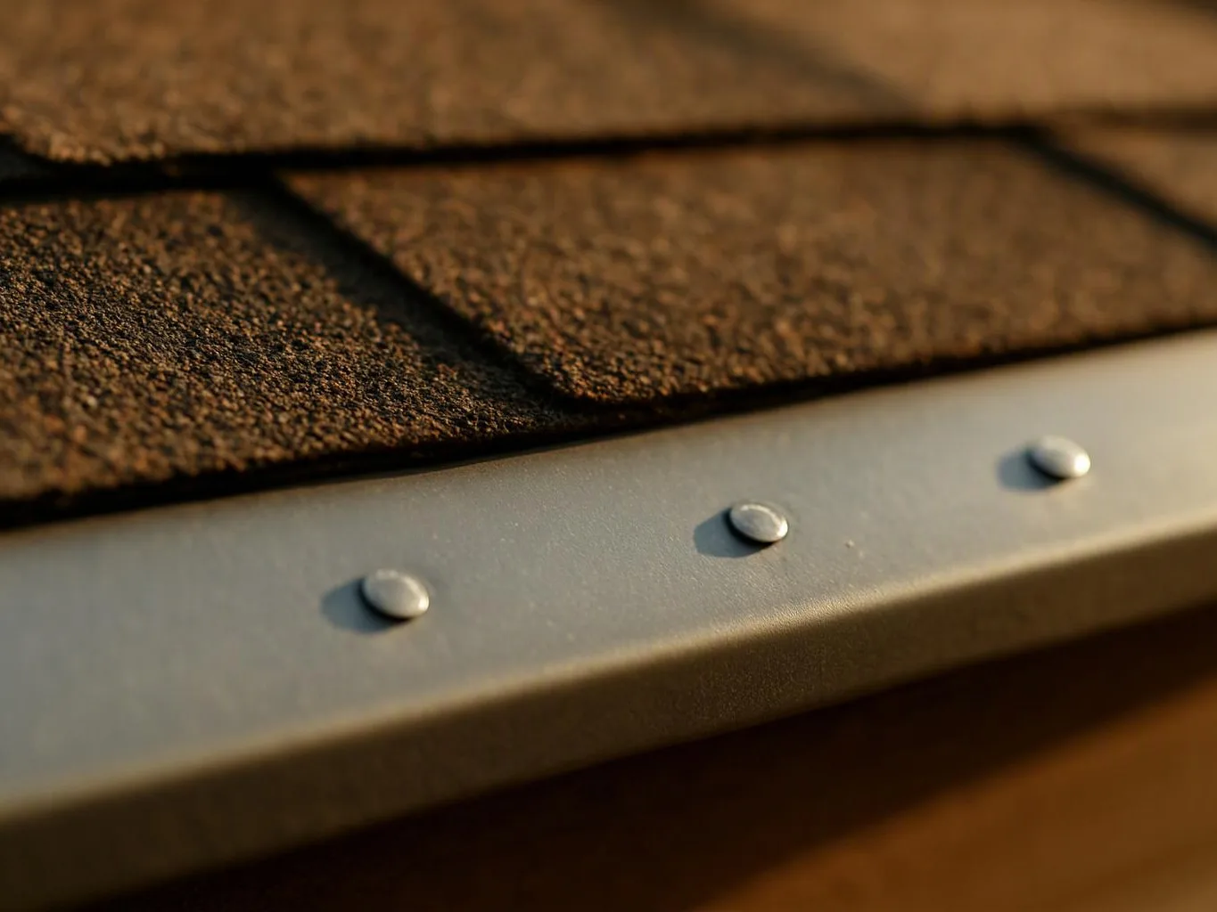 Close-up of brown roof shingles above a metal edge with three silver rivets