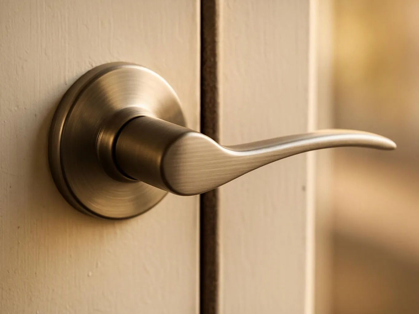 Close-up of a brushed metal door lever on a light-colored door, with a blurred interior background