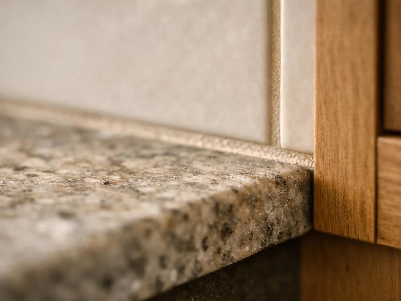 Close-up of a granite countertop meeting a tiled wall beside a wooden cabinet frame