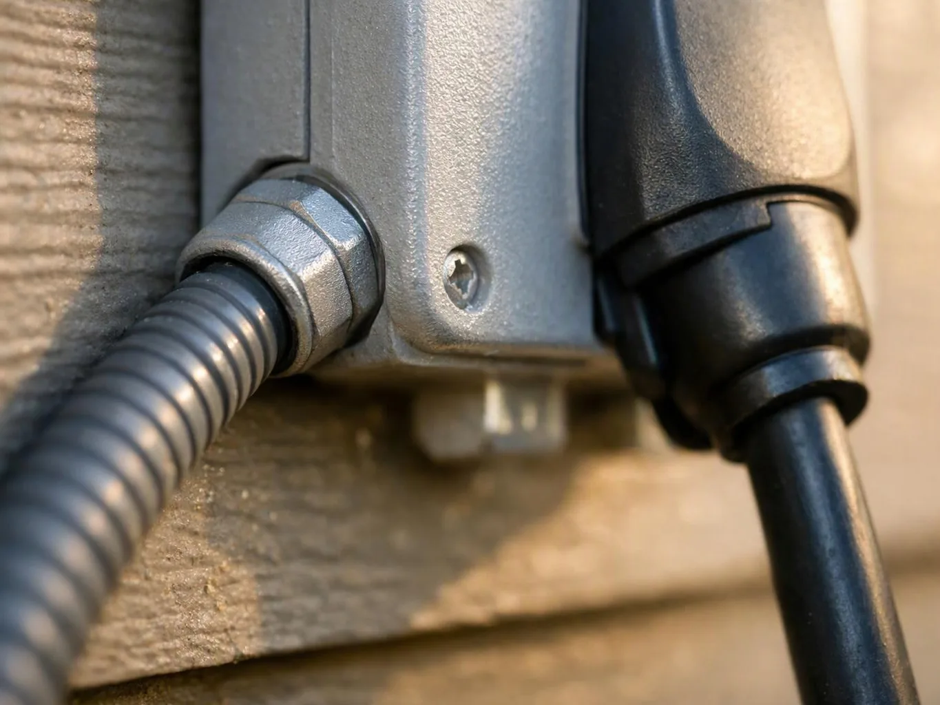 Close-up of a gray electrical box with two cables plugged into its side outdoors