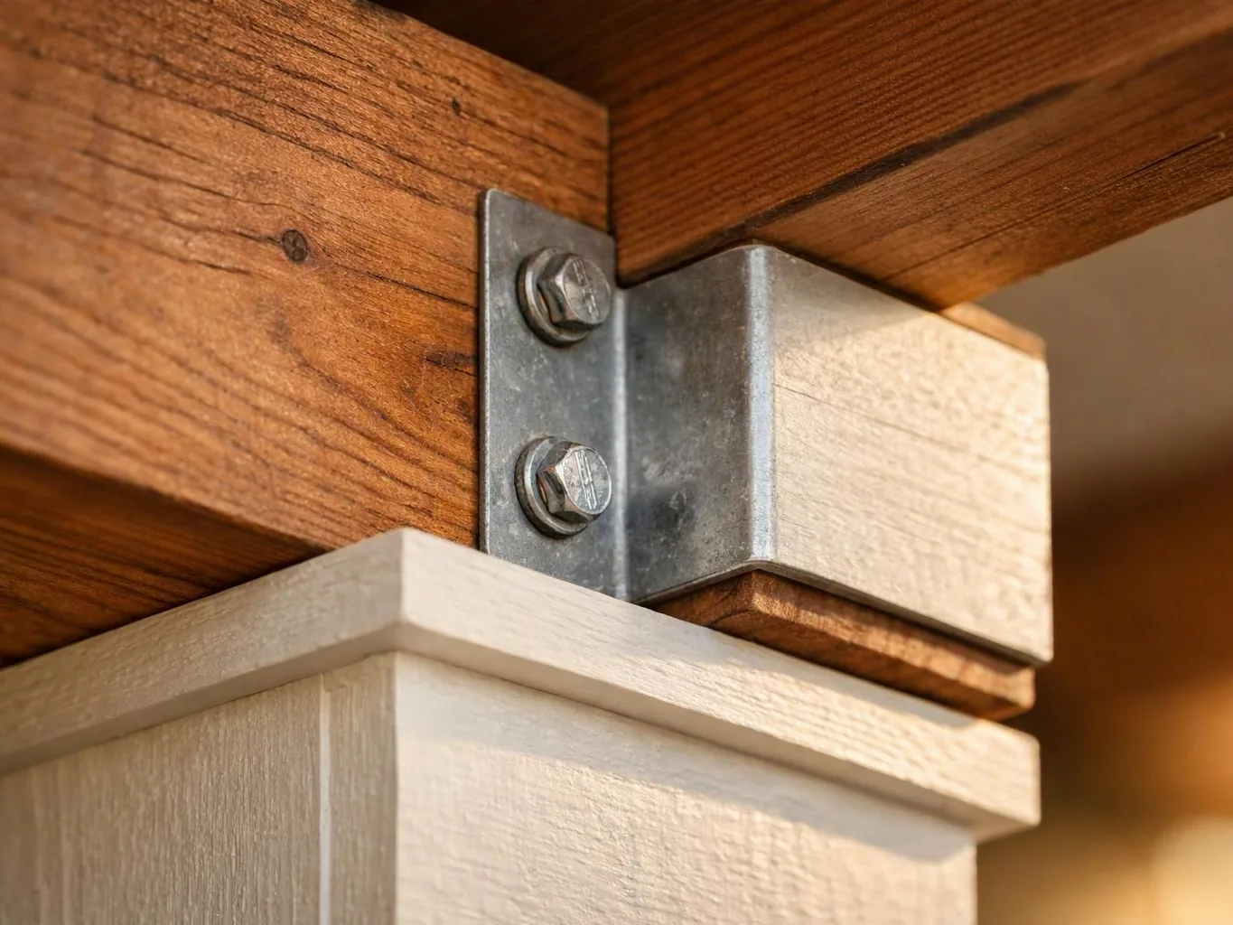 Close-up of a metal bracket bolting two wooden beams together on a light cabinet frame