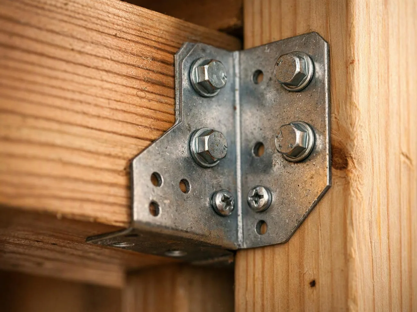 Close-up of a metal joist hanger bolted to two wooden beams in a construction frame