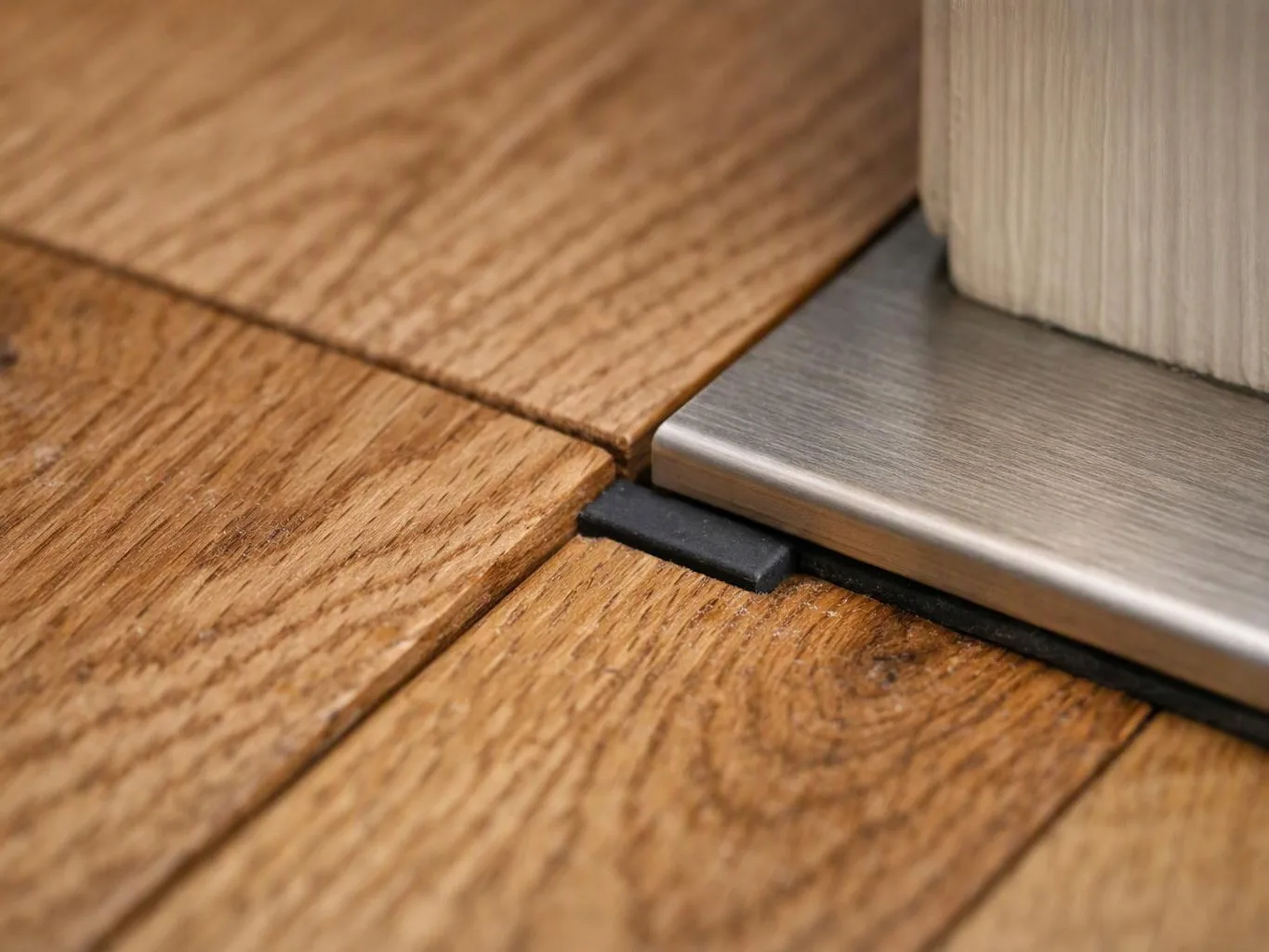 A close-up shows a metal base resting on wooden floorboards with a black spacer underneath