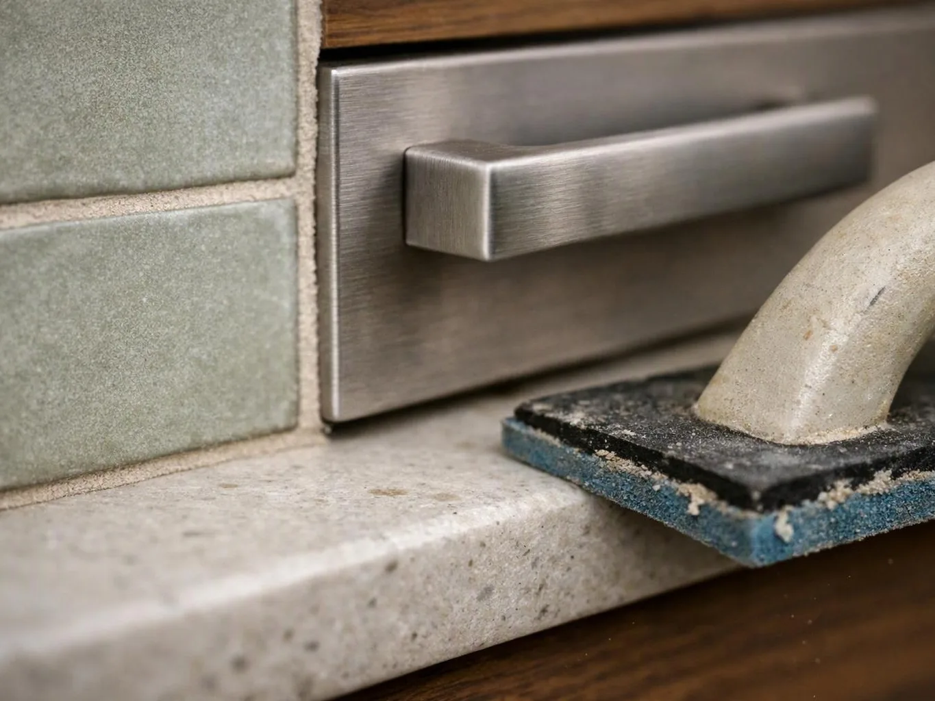 Close-up of a stainless steel drawer handle beside pale tiles and a dusty sanding pad on a countertop
