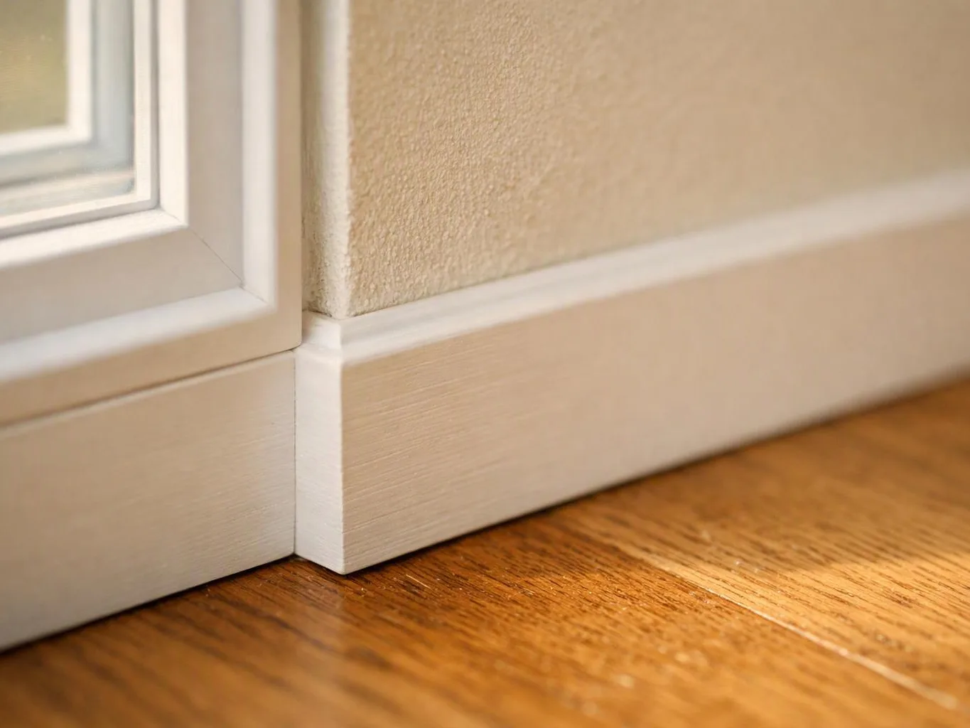 Close-up of a white baseboard and wall corner beside a wooden floor and window frame