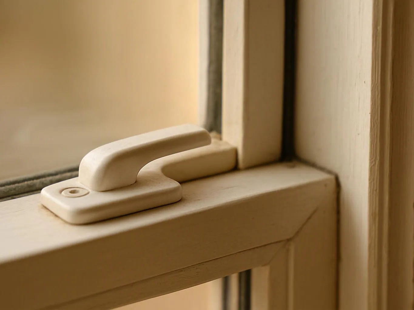 Close-up of a white window latch on a beige wooden frame near a glass pane