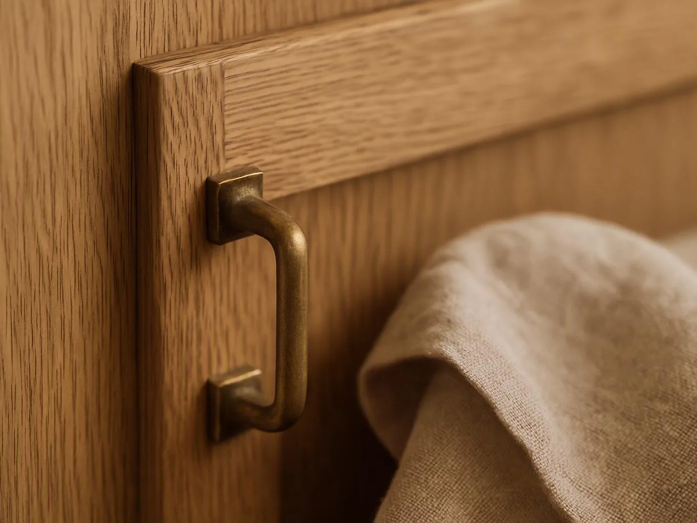 Close-up of a wooden cabinet door with a brass handle and a beige cloth draped beside it
