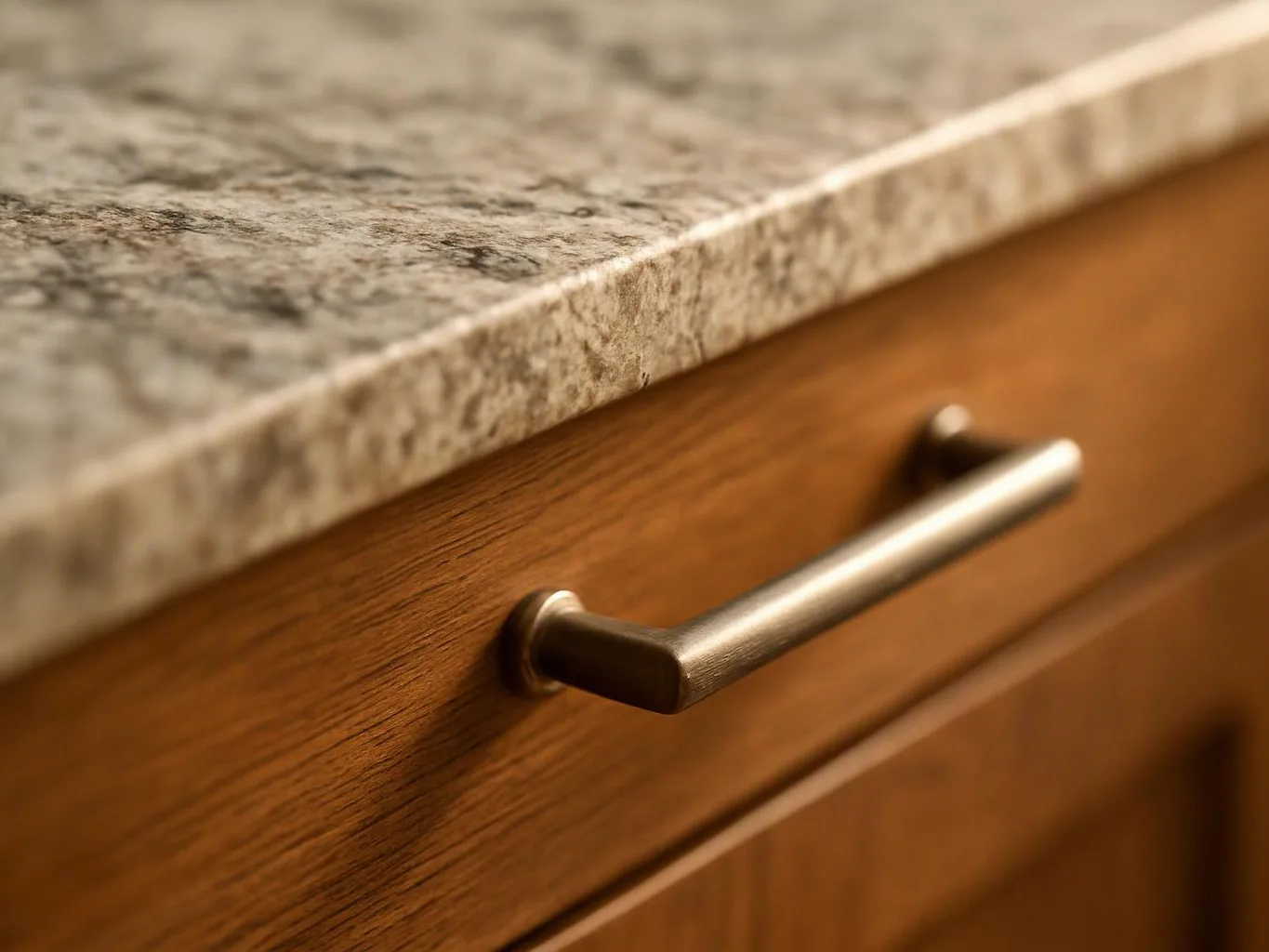 Close-up of a wooden cabinet drawer with a metal handle beneath a speckled stone countertop