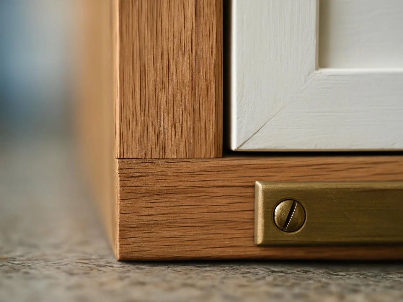 Close-up of a wooden frame with a white panel and brass screw hardware on a stone surface