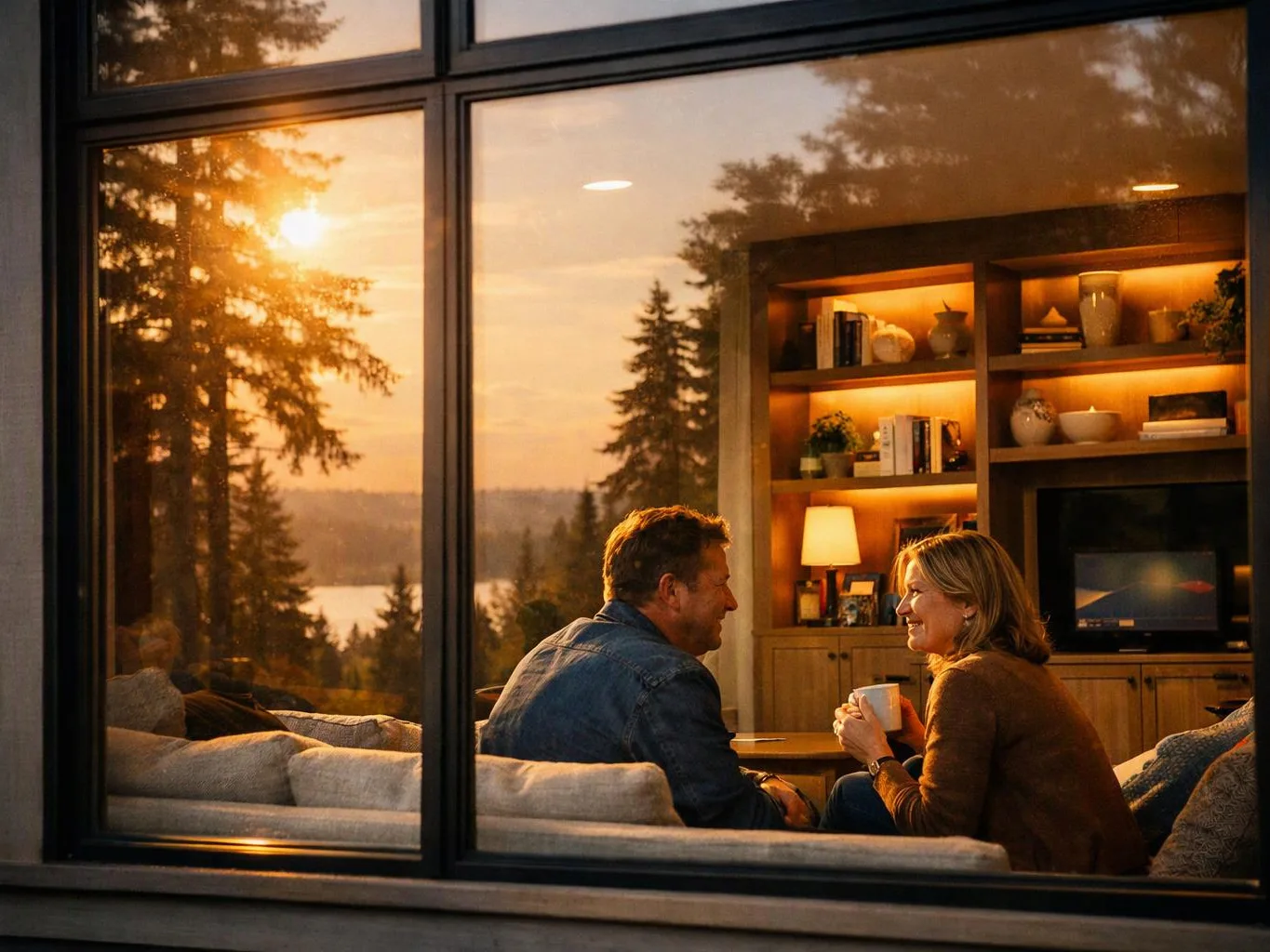 A couple sits talking with mugs in a cozy living room as sunset glows through the window