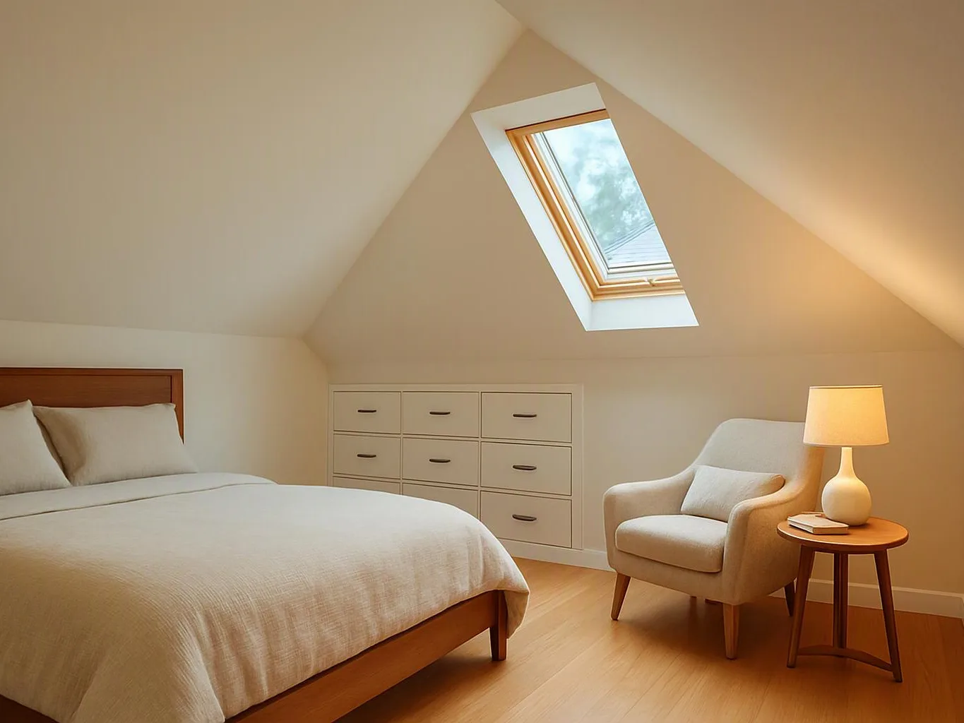 A cozy attic bedroom shows a bed, dresser drawers, an armchair, a lamp, and a skylight window