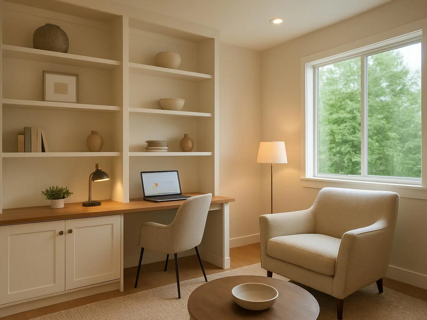 A cozy beige home office shows built-in shelves, a desk with a laptop, and an armchair by a window