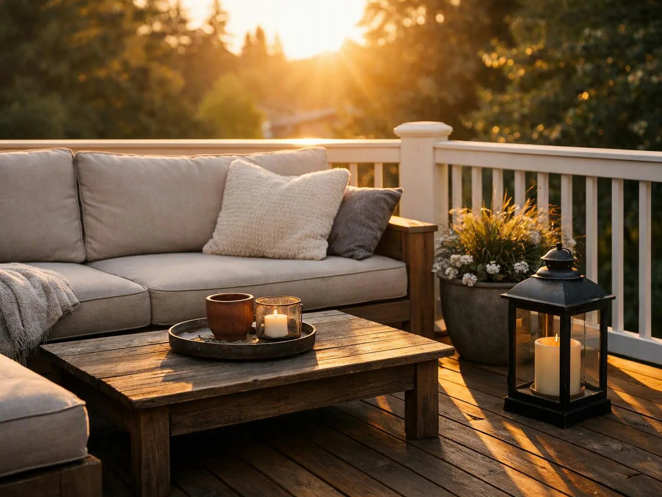 A cozy deck with cushioned seating, candles, a lantern, and potted plants glows in warm sunset light