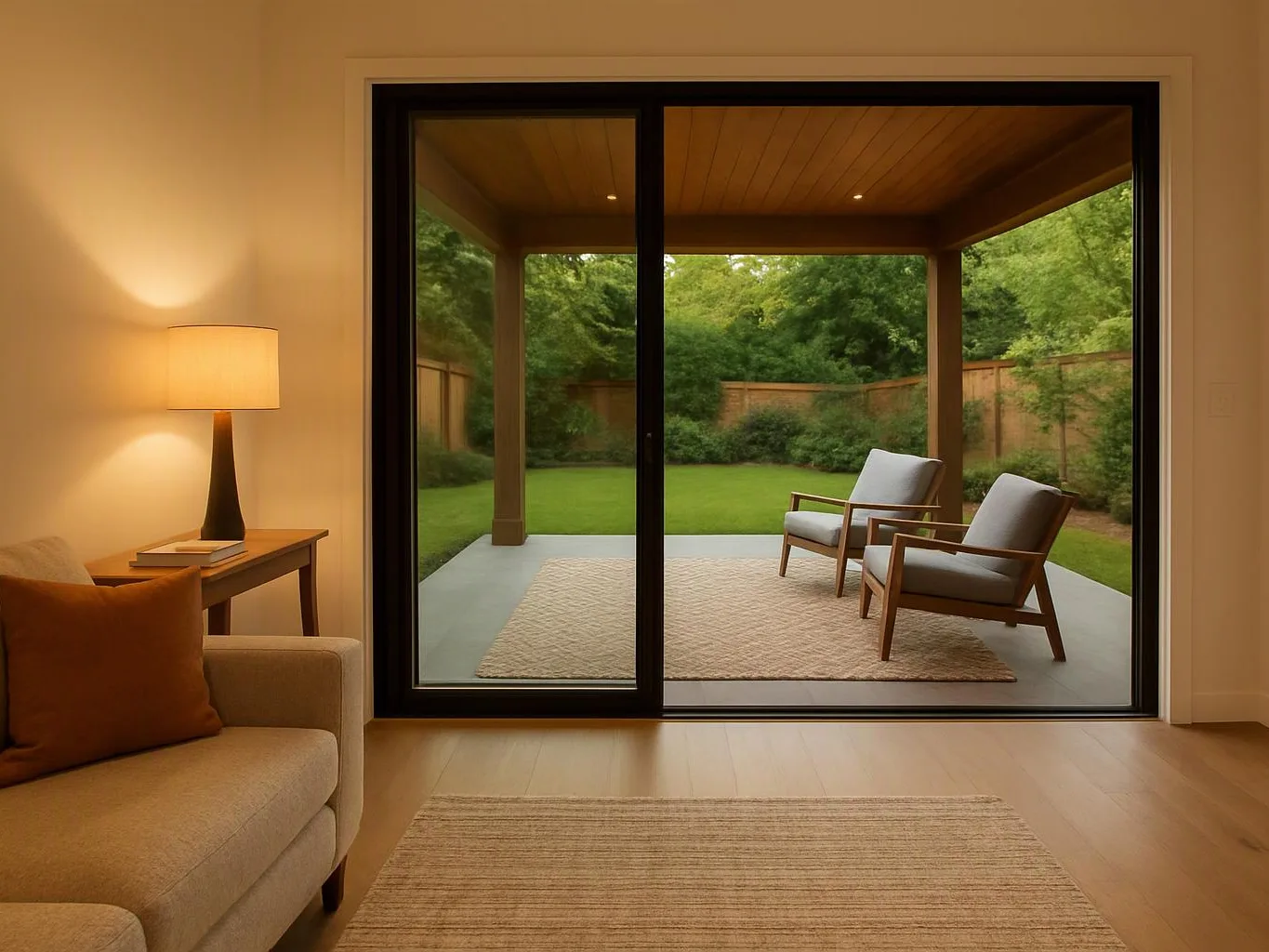 A cozy living room opens through glass doors to a covered patio with two chairs and a green backyard