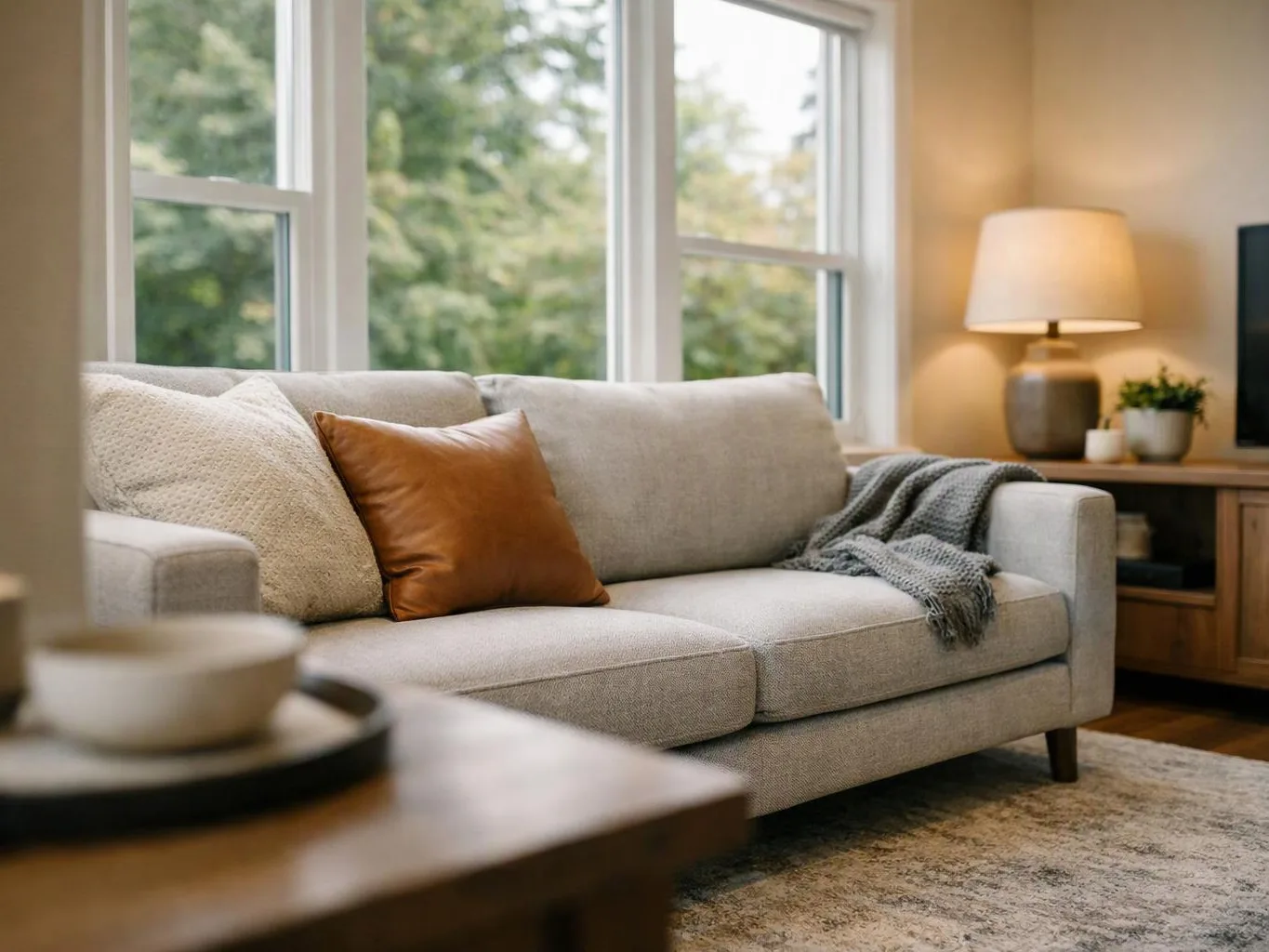 A cozy living room shows a beige sofa with pillows, a blanket, a lit lamp, and large windows with trees outside