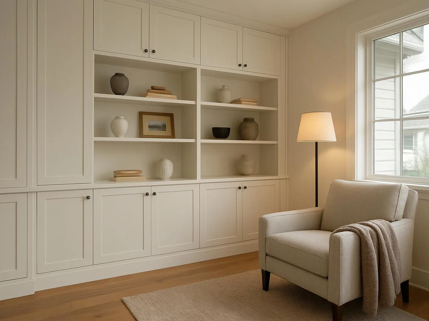 A cozy reading corner shows built-in white cabinets, a beige armchair, a floor lamp, and a window with soft daylight