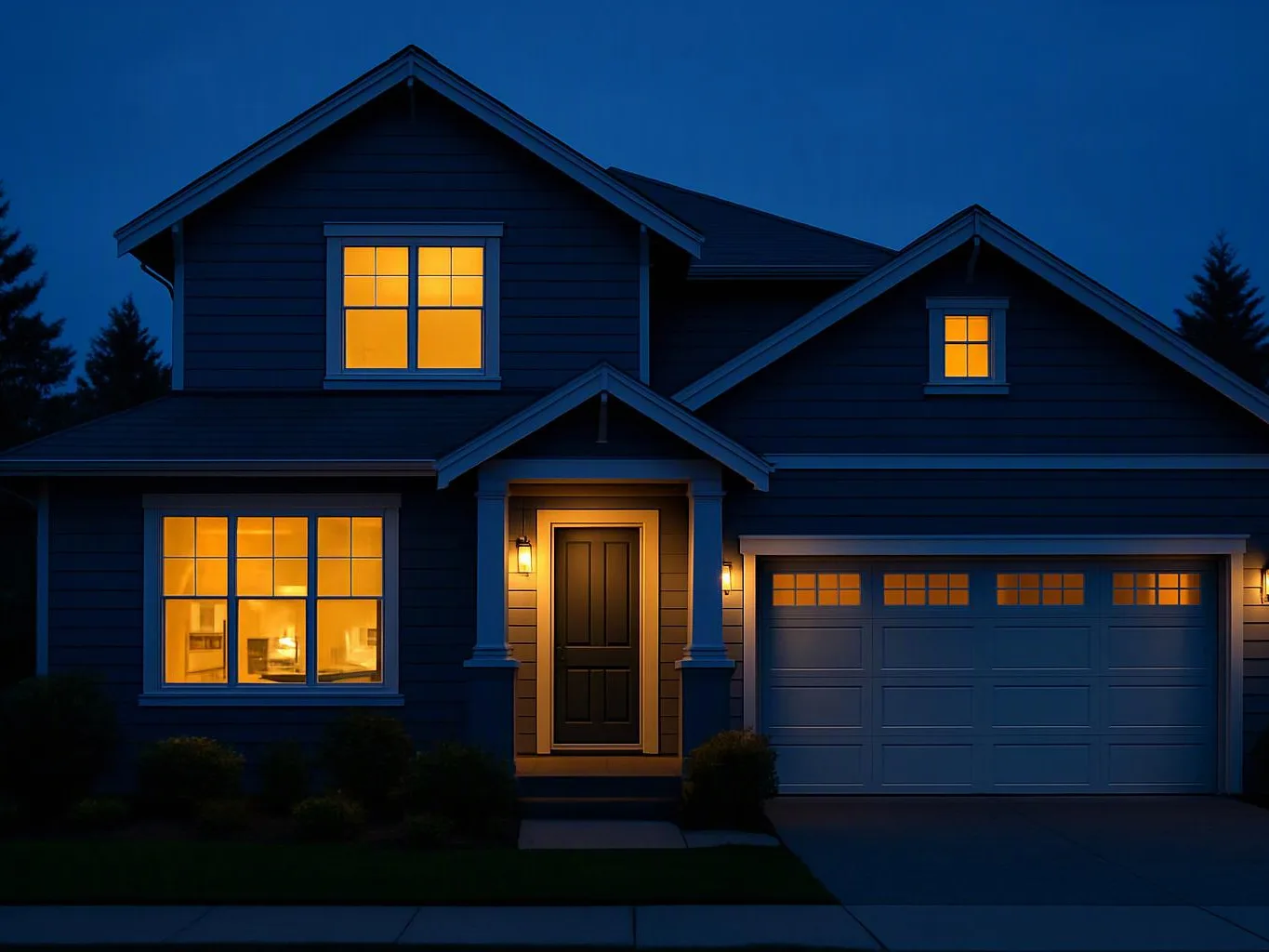 A dark blue house at night glows with warm lit windows, a front door, and a garage door