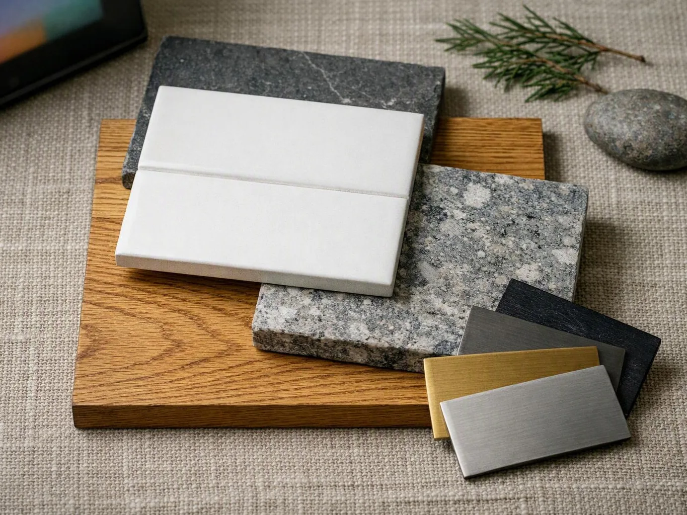 A display of flooring and tile samples rests on woven fabric with a pine sprig and stone nearby