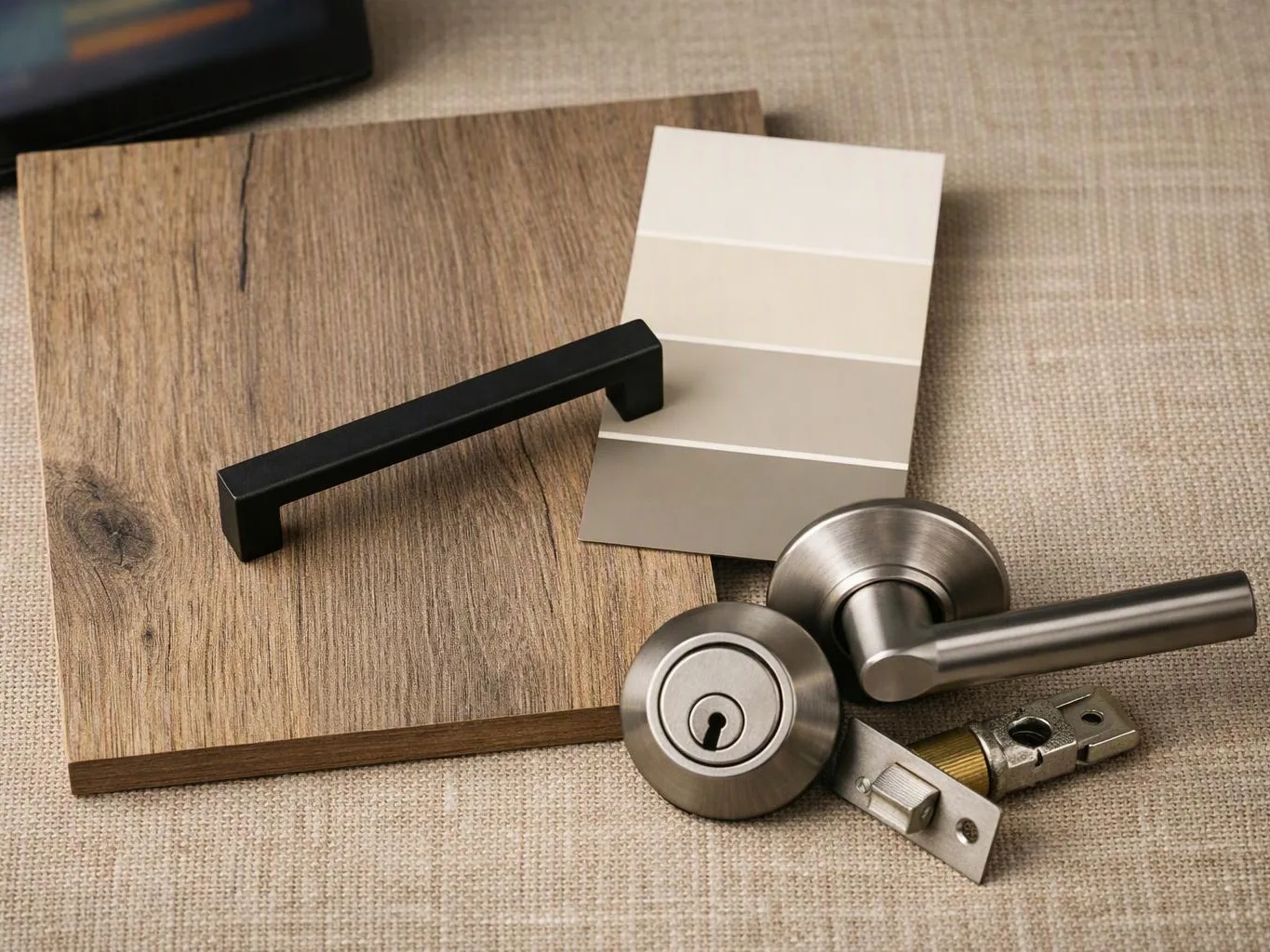 Door hardware parts, a wood sample, and paint swatches lie on a beige fabric surface