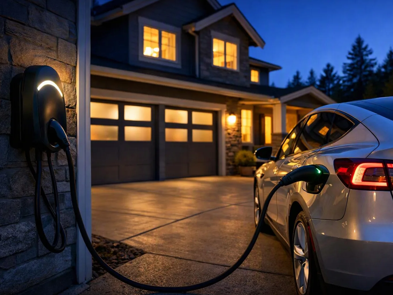 An electric car charges in a driveway beside a lit house at dusk