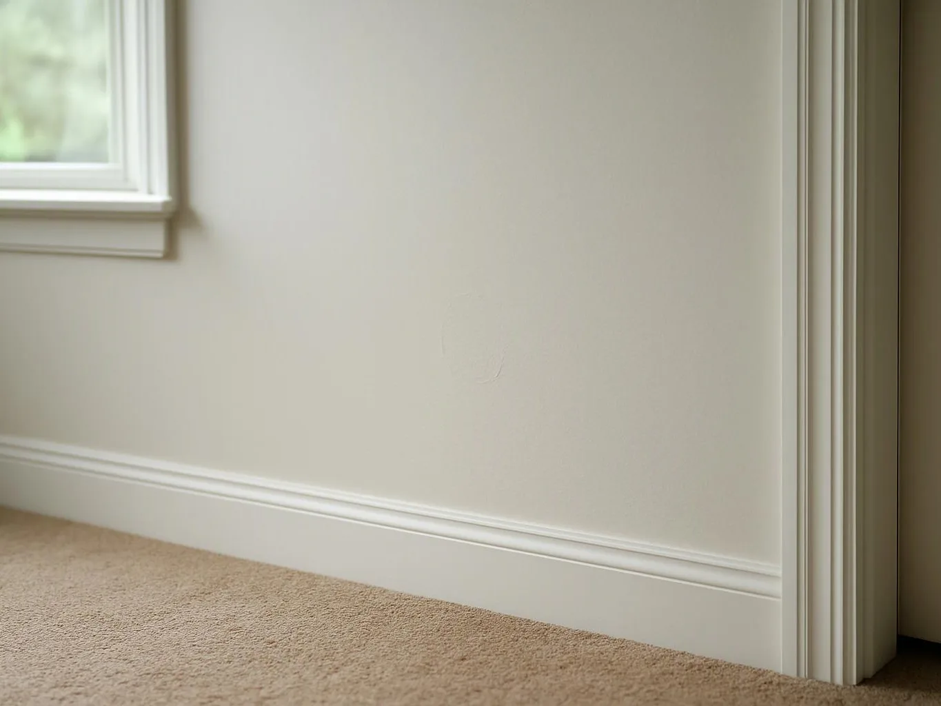 Empty beige room corner with carpet, white baseboards, and a window on the left