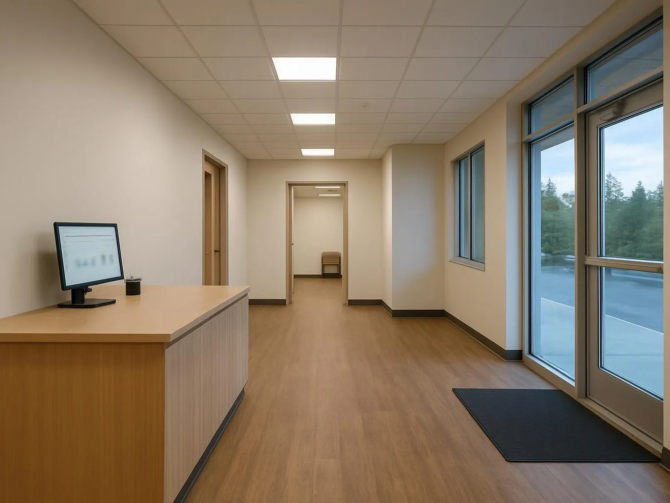 Empty office hallway with a reception desk, computer monitor, windows, and an open doorway to a chair
