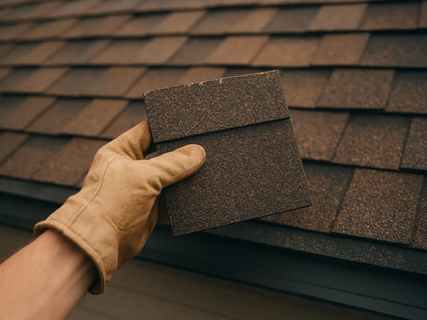 A gloved hand holds a brown roof shingle sample against matching shingles on a rooftop