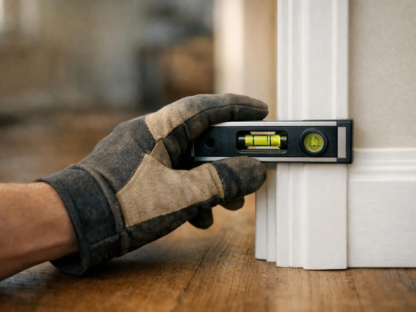 A gloved hand holds a bubble level against a white door frame on a wooden floor