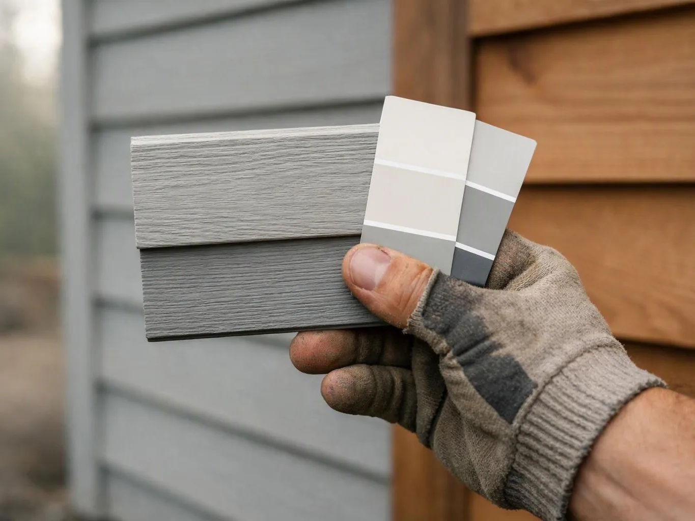A gloved hand holds gray siding samples and paint swatches beside a house wall
