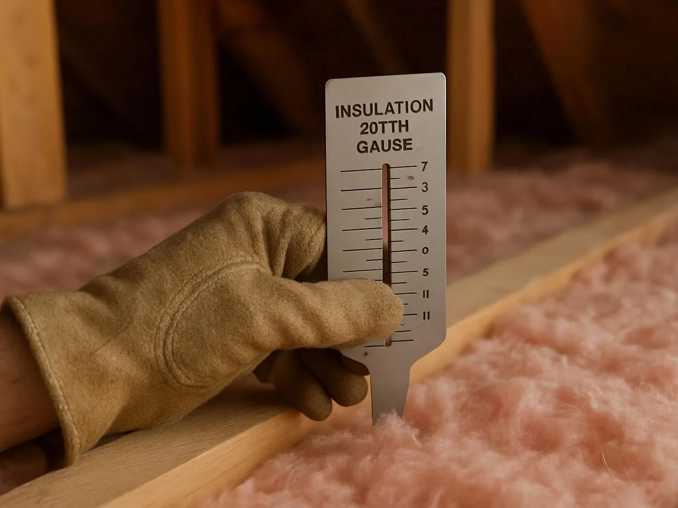 A gloved hand holds an insulation gauge above pink fiberglass insulation in an unfinished attic