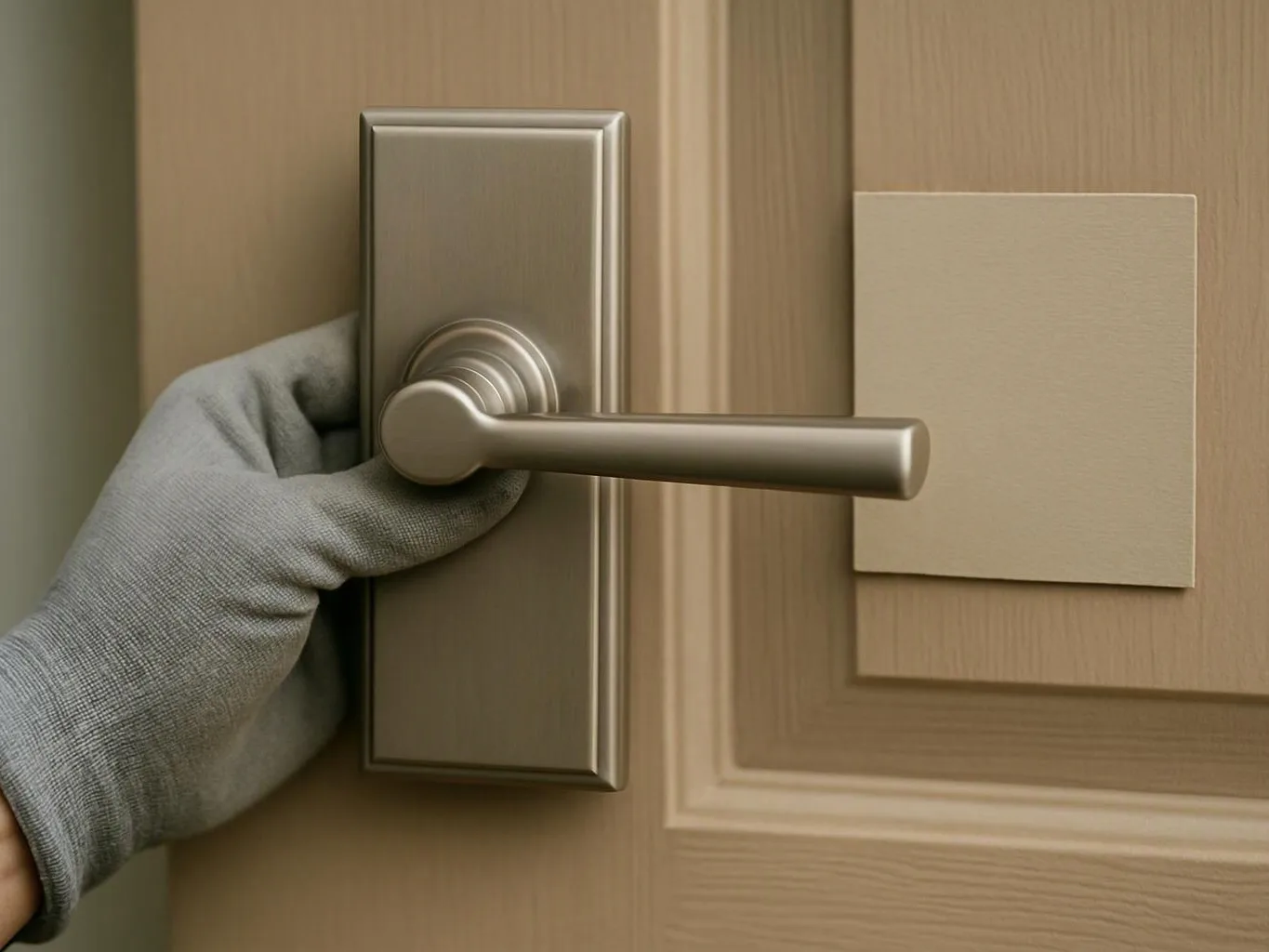 A gloved hand holds a silver lever handle on a beige paneled door panel