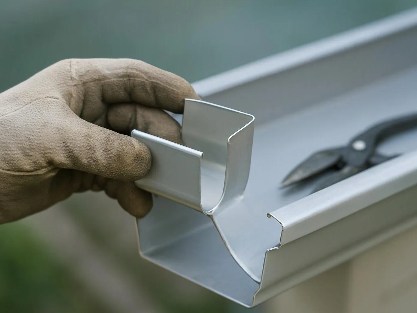 A gloved hand holds a silver metal gutter piece beside metal shears on a work surface